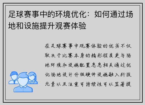 足球赛事中的环境优化：如何通过场地和设施提升观赛体验