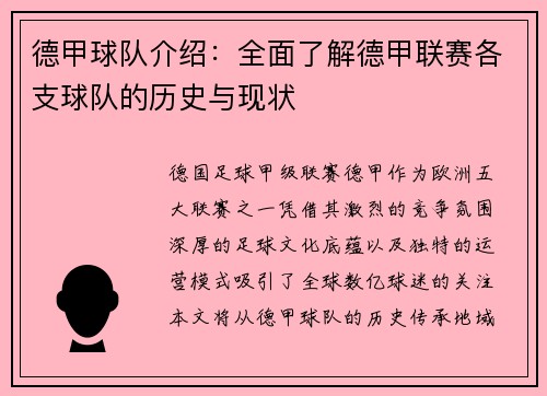 德甲球队介绍：全面了解德甲联赛各支球队的历史与现状