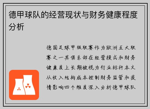 德甲球队的经营现状与财务健康程度分析