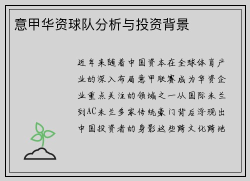 意甲华资球队分析与投资背景