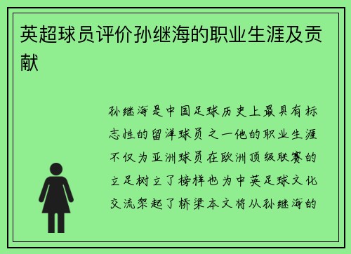 英超球员评价孙继海的职业生涯及贡献
